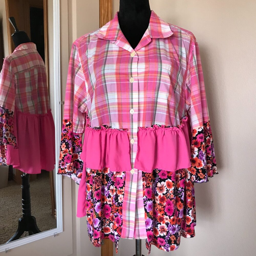 Handmade Upcycled Boho Tunic, Pink Ruffled Patchwork Top Size Large - Picture 6 of 13